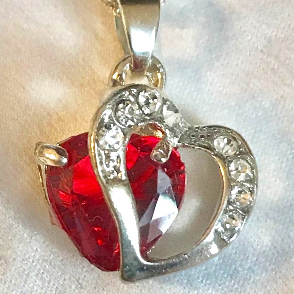 -Red Crystal Double Heart Necklace S925 Sterling Silver Plated